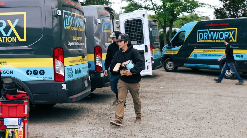 Professional water damage restoration equipment setup in Vancouver WA home